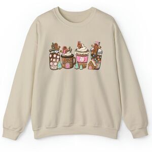 Gingerbread Print Women’s Crew Neck Cozy Christmas‎ Sweatshirt, Sand, Size L